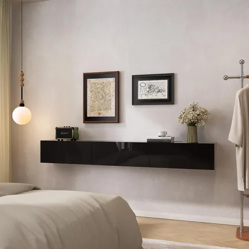 Miniatura 5 de FurniNova Soporte flotante para TV con 3 puertas, moderno mueble flotante para consola de TV con almacenamiento, estante flotante de madera Negro