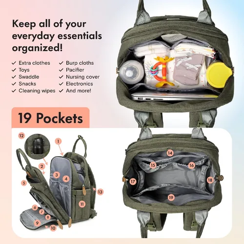 Miniatura 3 de Dikaslon Mochila para pañales con cambiador portátil, funda para chupete y correas para cochecito, bolsas de bebé unisex grandes para niños y niñas