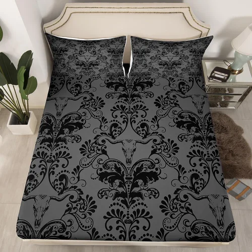 Miniatura 50 de Sábanas de cama góticas de damasco para adultos, sábana bajera ajustable victoriana antigua, sábanas góticas florales vintage, juego de ropa de cama