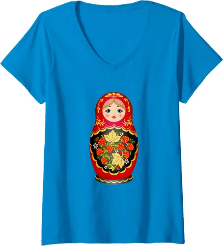Miniatura 9 de Hermosa camiseta de Matryoshka Russian Strawberry Nesting Doll con cuello en V para mujer, Negro, S