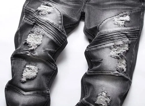 Miniatura 3 de XIMXIMMTIAN Jeans rectos para hombre, estilo motociclista, desgastados, desgastados, desgastados, rectos