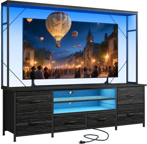 Miniatura 9 de Romorgniz Centro de entretenimiento de 55 pulgadas de ancho con luces LED y tomas de corriente, soporte de TV con 6 cajones para TV de 55/60 Negro