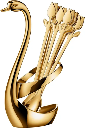 Juego de Soporte para Cucharas de Café Pequeñas Dorado, Base de Cisne con Juego de 12 Cucharas Demitasse para Espresso, Cuchara de Postre Mini
