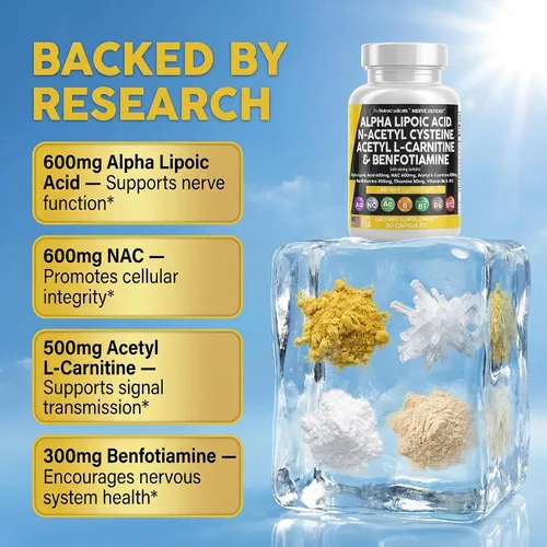 Miniatura 4 de Ácido alfa lipoico 600 mg N-acetil cisteína 600 mg acetil L-carnitina 500 mg Benfotiamina 300 mg - Suplemento de apoyo nervioso para mujeres