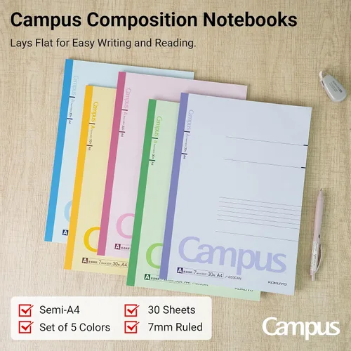 Miniatura 2 de KOKUYO Cuadernos de composición, paquete de 5 cuadernos Campus A4 Comp con un 0.276 in rayado, 30 hojas, cuaderno clásico con rayas escolares