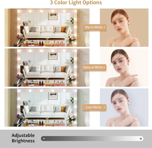 Miniatura 5 de VOWNER Tocador con espejo iluminado: escritorio de maquillaje con parte superior de vidrio con 7 cajones y toma de corriente, 3 modos de iluminación