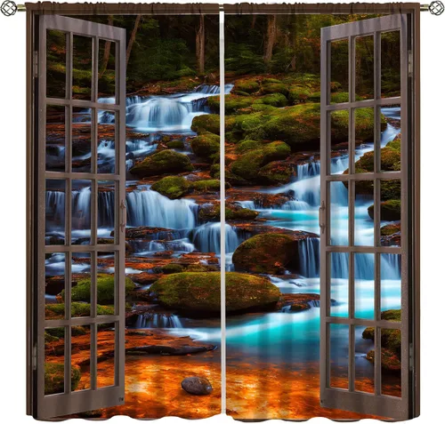 Miniatura 10 de Cortinas de ventana de cascada 3D, paisaje natural, cascada junto al lago, estampado de bosques verdes, decoración del hogar, dormitorio, sala