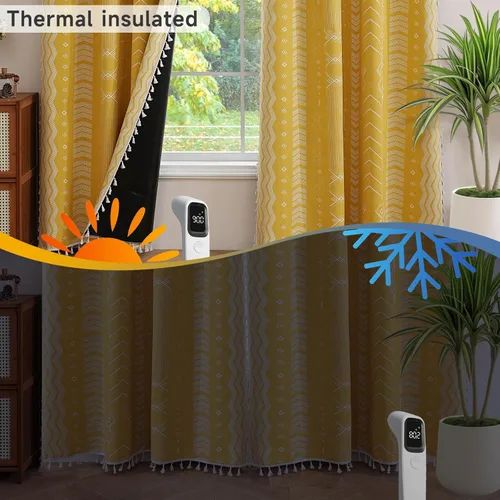 Miniatura 6 de ColorBird Cortinas Opacas Amarillas Bohemias 2 Paneles 84 Pulgadas de Largo Aislamiento Térmico Bohemio Azteca Tratamiento de Ventana Estampadas