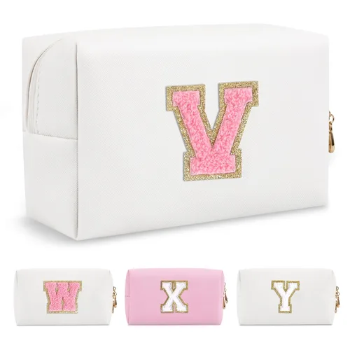Miniatura 170 de Pequeña bolsa de maquillaje personalizada con inicial A-Z Preppy Patch, bolsa de cosméticos de viaje de felpilla blanca con cremallera, bonita bolsa