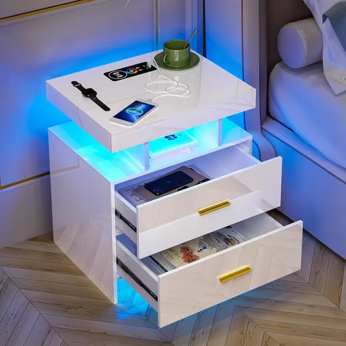 Miniatura 8 de HNEBC Mesita de noche LED, RGB blanco con estación de carga USB/inalámbrica, moderna mesita de noche con sensor automático de luces RGB, mesa blanco