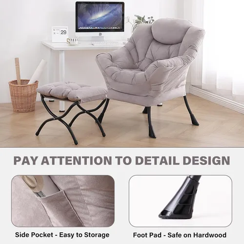 Miniatura 5 de Tiita - Sillón reclinable con otomana, grande, moderno, silla de ocio, de lectura, con reposapiés, para dormitorio, sala de estar, dormitorios, Gris