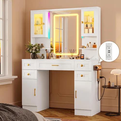 Miniatura 6 de KAMABOKO - Escritorio de tocador con espejo y luces RGB y toma de corriente, mesa de maquillaje grande con 5 cajones y 4 armarios de almacenamiento