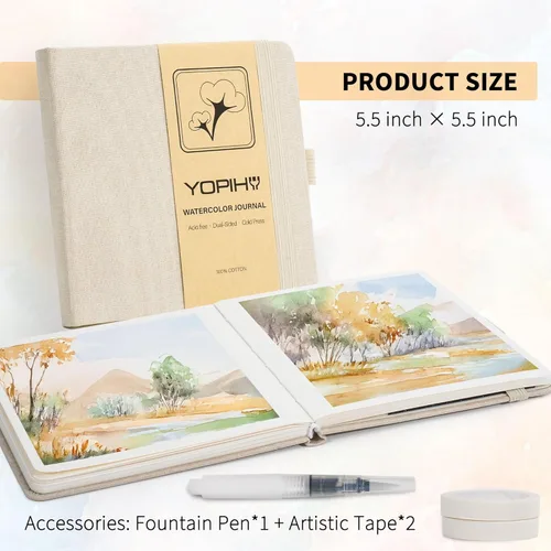 Miniatura 2 de Yopih Artists - Cuaderno de bocetos de acuarela de lino premium, cuaderno de acuarela de 5.5" x 5.5" con papel de algodón de prensa en frío de Beige