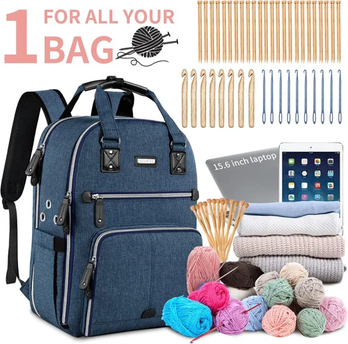 Miniatura 2 de SINVICKO Bolsa de ganchillo, mochila de tejido y organizador de bolsas con puerto de carga USB, bolsa grande de almacenamiento de hilo Azul