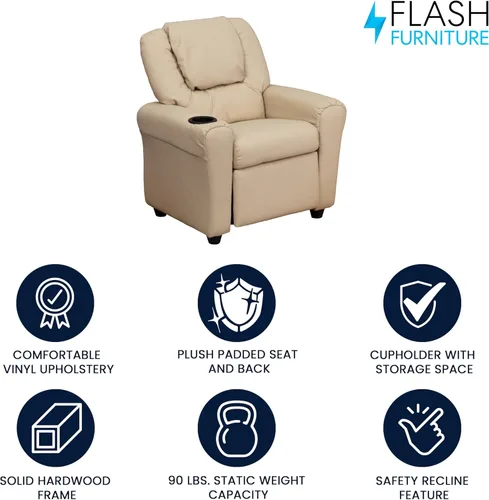 Miniatura 3 de Flash Furniture - Sillón reclinable contemporáneo para niños, color beige vinilo con base para vasos y reposacabezas