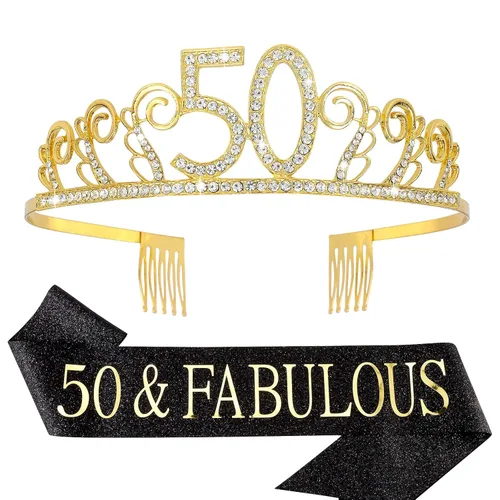 CIEHER Juego de corona y banda de cumpleaños número 50, fabulosos regalos de cumpleaños para mujeres, suministros de fiesta de mamá Juego de tiara