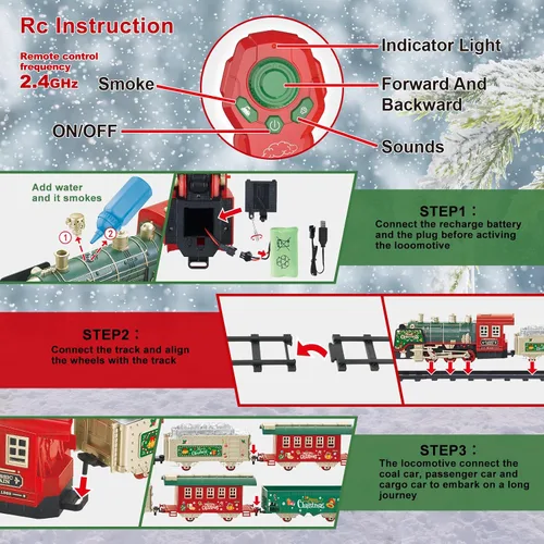 Miniatura 4 de JQ JUQU Juego de tren eléctrico de control remoto con vapor real, luces y sonido, tren de juguete para niños de 3 a 8 años con pistas completas