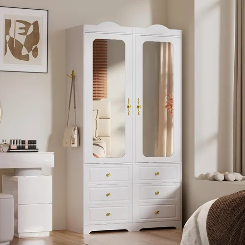 Miniatura 7 de Armario de Clóset, Armarios de Dormitorio Blancos con Puerta de Espejo y 6 Cajones, Armario de Almacenamiento de Ropa de 15.7" de Ancho/69.5