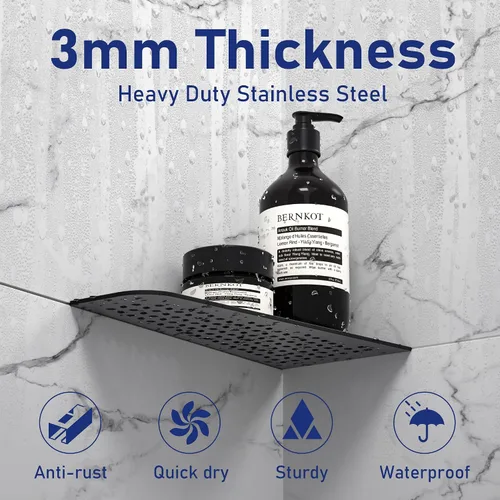 Miniatura 3 de Estante esquinero de ducha de 12 pulgadas, color negro mate 304, estante esquinero cuadrilátero de acero inoxidable empotrado resistente para baño