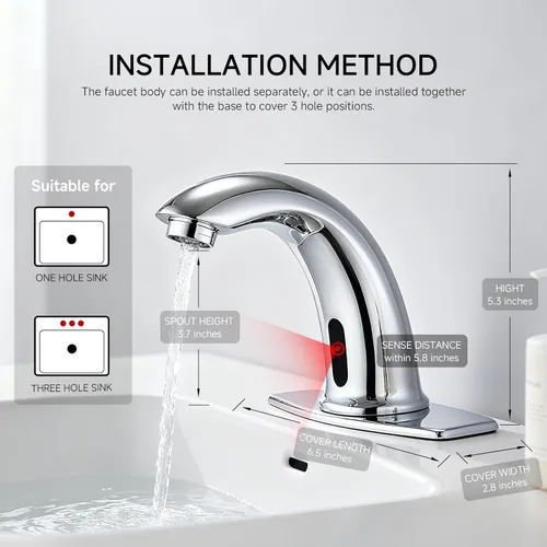 Miniatura 4 de Grifo de lavabo de baño sin contacto, manos libres, sensor de movimiento automático, grifo comercial de latón sólido con placa de cubierta, 1 Grifo