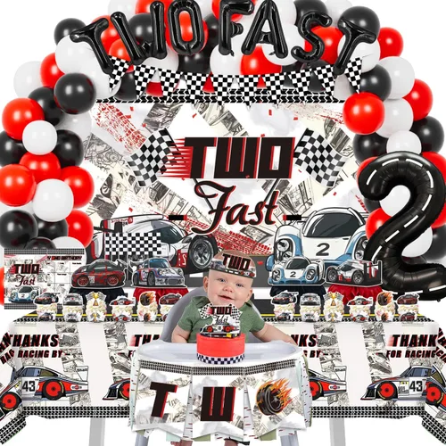 Miniatura 7 de Dos decoraciones de cumpleaños rápidas para niños, 153 piezas de suministros de fiesta de cumpleaños de coche de carreras, telón de fondo, adornos