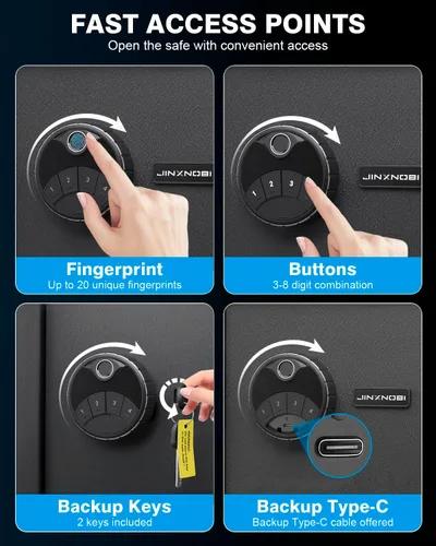 Miniatura 4 de Jinxnobi Caja de seguridad pequeña biométrica con candado, 0.78 pies cúbicos, caja de seguridad de estante removible de acceso rápido con escáner