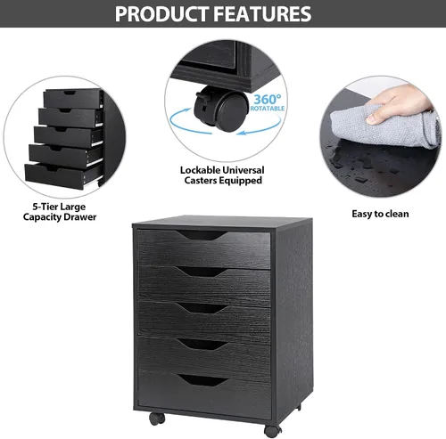 Miniatura 4 de ZENY Cómoda de 5 cajones, archivador móvil con ruedas, gabinete de almacenamiento para oficina en casa debajo del escritorio, cajones de Negro