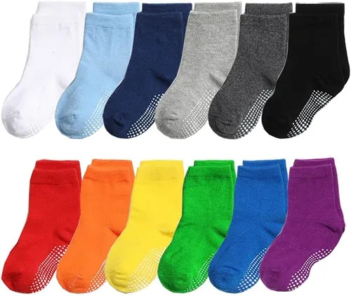 Miniatura 8 de CHUNG Calcetines antideslizantes de algodón para niños pequeños con agarre inferior para niños y niñas, 12 pares
