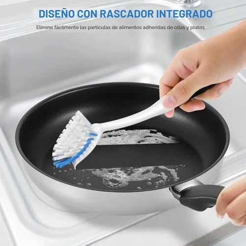 Miniatura 5 de SetSail Cepillo de platos con asa, paquete de 2 cepillos de cerdas rígidas con raspador integrado para limpiar platos, ollas y sartenes, fregadero