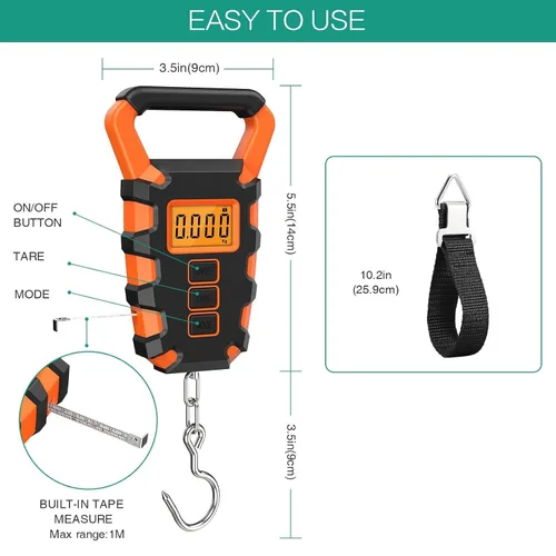 Miniatura 5 de ORIA Báscula digital de pesca con regla, báscula de gancho colgante postal de pesca, báscula de equipaje de 110 libras 110.2 lbs con cinta métrica