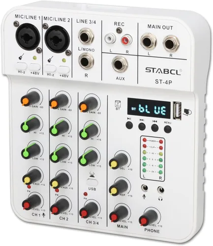Mezclador de audio de 4 canales pequeño, consola de mezcla de mesa de sonido con USB digital Bluetooth alimentación fantasma de 48V y eco, pequeña