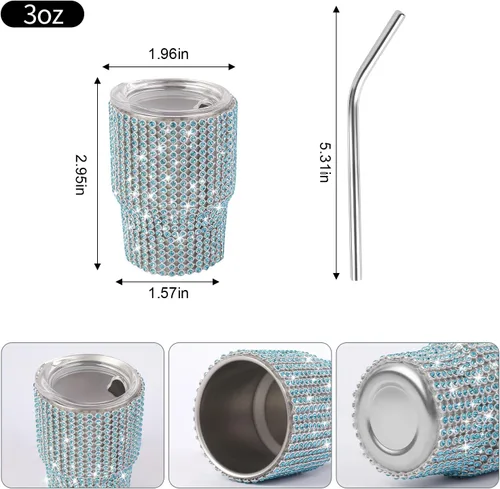 Miniatura 2 de INSTOME Vaso de Chupito Brillante de 3 oz - Mini Vasos con Incrustaciones de Pedrería con Pajitas, Brillo Similar a Diamante para Fiestas Glamorosas