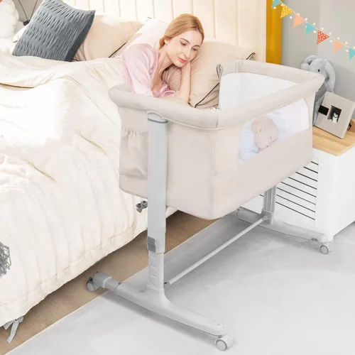 BABY JOY Cuna plegable 3 en 1 con altura ajustable, colchón, ruedas bloqueables, bolsillo de almacenamiento y bolsa de transporte para recién Beige