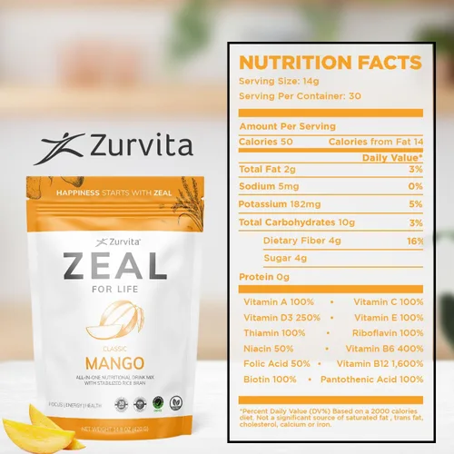 Miniatura 2 de Zurvita Zeal for Life Mezcla para Bebida de Bienestar - Sabor Mango - Sin Gluten, Vegana, con Biotina, Vitaminas B12, C, D, E, Hierro, Magnesio - 30