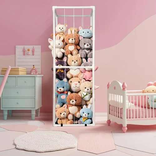 Miniatura 7 de Almacenamiento de Zoológico de Animales de Peluche - Organizador Alto de Juguetes de Material PVC con Cordones Elásticos y Estante, Casa