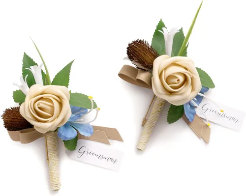 Miniatura 12 de Ling's moment Boutonniere para hombres, 2 piezas de novios, padrinos de boda, flores artificiales para bodas, bailes, regreso a casa, etc. Azul Azul