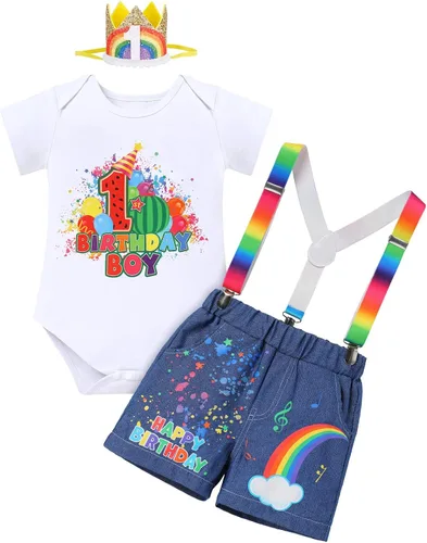 IMEKIS Toddler Baby Boys Melon Birthday Outfit Romper T-shirt + Jeans Shorts + Suspenders Rainbow Cake Smash Photo Shoot 1-5T