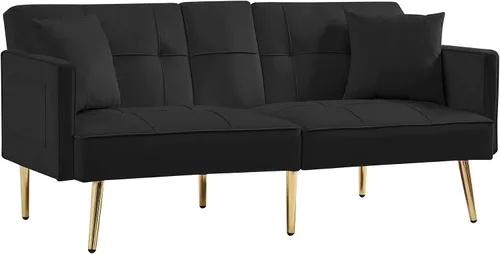 Miniatura 8 de Moderno sofá cama biplaza de terciopelo con 2 bolsillos, sofá cama convertible tapizado con respaldo múltiple ajustable, futón con patas doradas