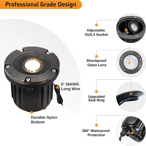 Miniatura 7 de Gardenreet Luz de pozo de latón - Iluminación de paisaje impermeable para exteriores de 12V LED enterrada, lámpara de bajo voltaje con bombilla
