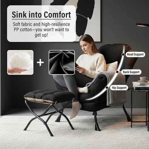 Miniatura 4 de Furlide Silla Perezosa Moderna con Reposapiés Plegable, Sillón de Descanso y Cómoda Silla de Lectura (Negro)