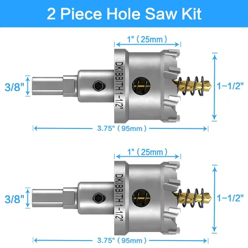 Miniatura 2 de Juego de sierra perforadora TCT, paquete de 2 brocas de 1-1/2" (38mm) con punta de carburo de tungsteno resistentes para acero inoxidable, acero