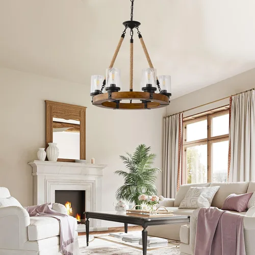 Miniatura 2 de Candelabro de iluminación de rueda de carro, 6 luces con pantalla de vidrio semillado, lámpara redonda de madera para cocina, isla de vestíbulo