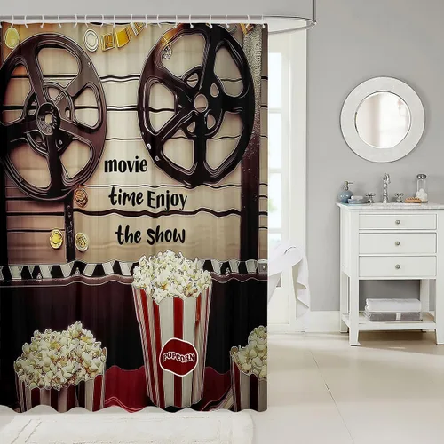 Miniatura 2 de Homewish Theater Cinema Poster Shower Curtain Set,Retro Movie Bathroom Curtain,Kids Girls Teens Popcorn Waterproof Fabrics Movie Night Bathroom
