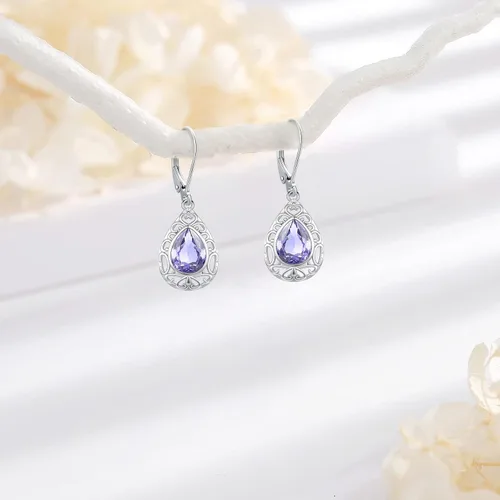 Miniatura 328 de Aretes colgantes de plata de ley con diseño de árbol de la vida, flor, abeja, animales, gato, colibrí, piedra lunar, turquesa, aretes con cierre