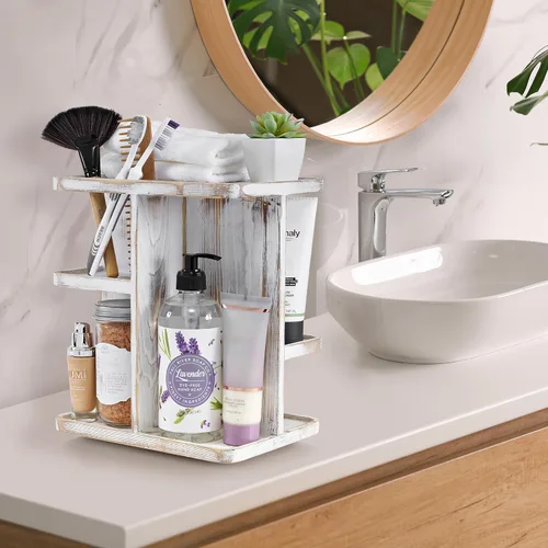 Miniatura 2 de Sorbus Organizador de Maquillaje de 360° - Carrusel de Almacenamiento de Madera Rústica Gris para Cosméticos, Maquillaje, Organizador de Cuidado
