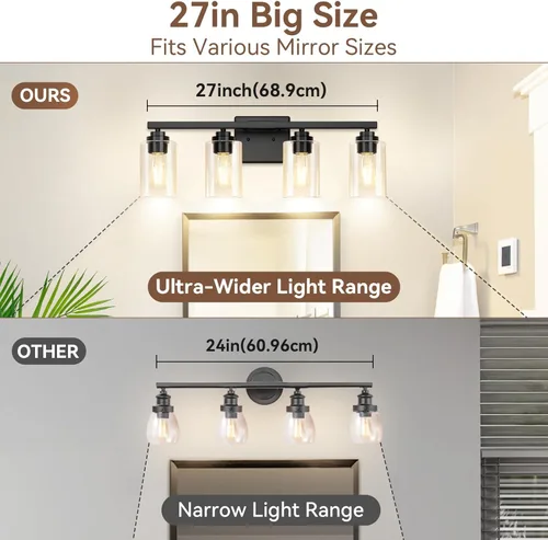 Miniatura 6 de VerRon 4 luces de baño, modernas luces de tocador negro mate sobre espejo con pantallas de vidrio transparente, aplique de pared de baño