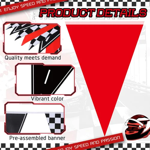 Miniatura 3 de Jetec Paquete de 5 banderines con temática de carreras de 49 pies, banderines de bandera a cuadros rojos, negros y blancos, decoraciones de fiesta