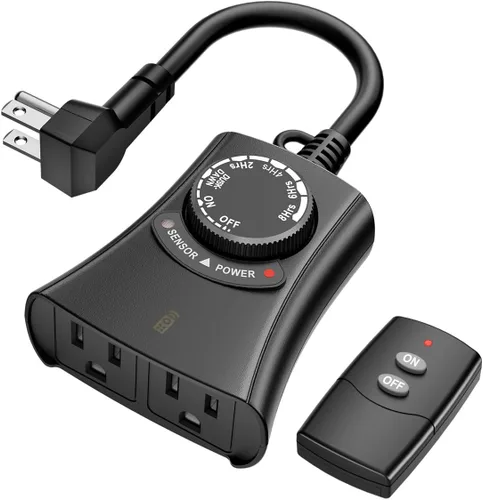 Miniatura 8 de HBN - Temporizador de luz exterior con control remoto, temporizador de sensor de luz impermeable, alcance inalámbrico de 100 pies, 1 toma de tierra