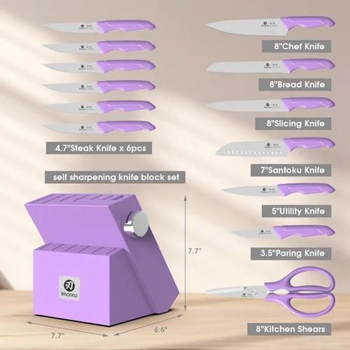 Miniatura 6 de imarku® Juego de cuchillos de cocina, afilados con afilador integrado, juego de cuchillos de bloque de acero inoxidable y mango ergonómico Púrpura