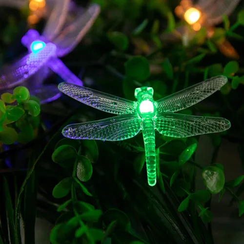 Miniatura 3 de Guirnalda de luces solares de libélula para exteriores, 20.8 pies, 30 luces LED impermeables con energía solar, 8 modos de luces decorativas
